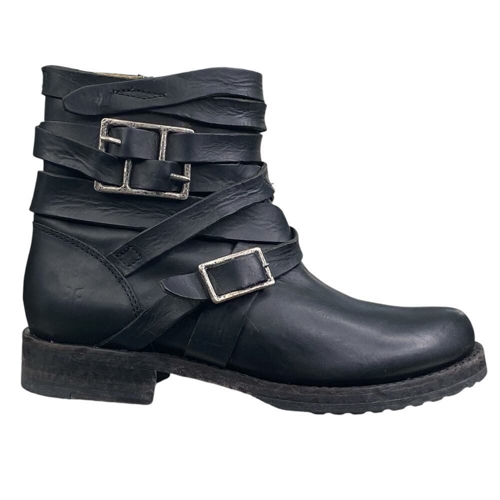 Frye Women’s Veronica Strappy Black Leather Moto Boot Size US 5.5
